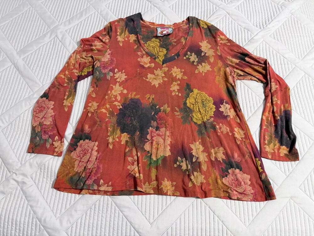 Johnny Was Embers Floral Favorite Long Sleeve V-neck Swing Tee Bamboo size L